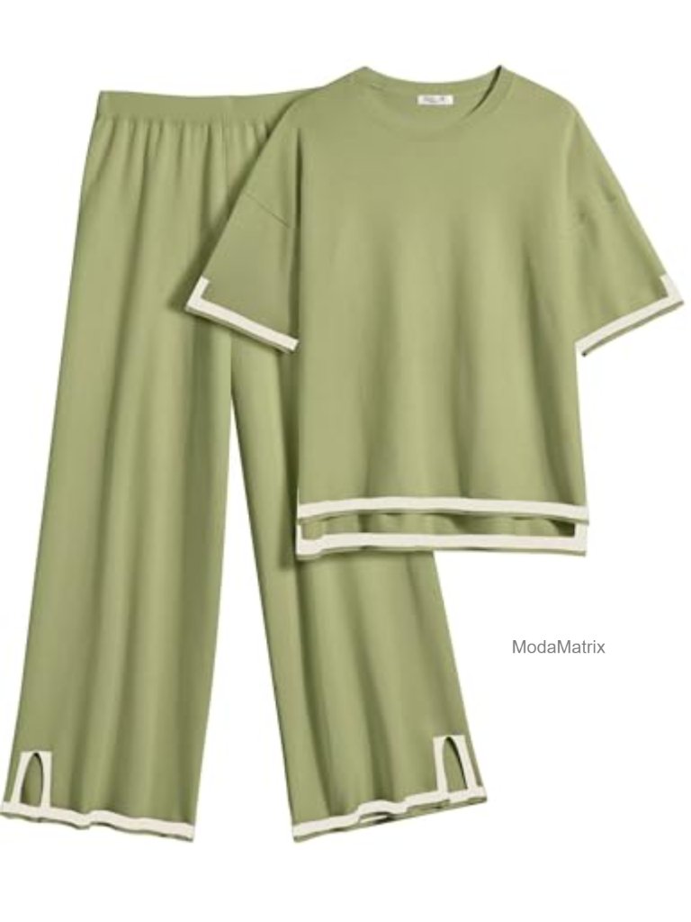 Soft Stretchy Knit Lounge Set With Wide Leg Pants